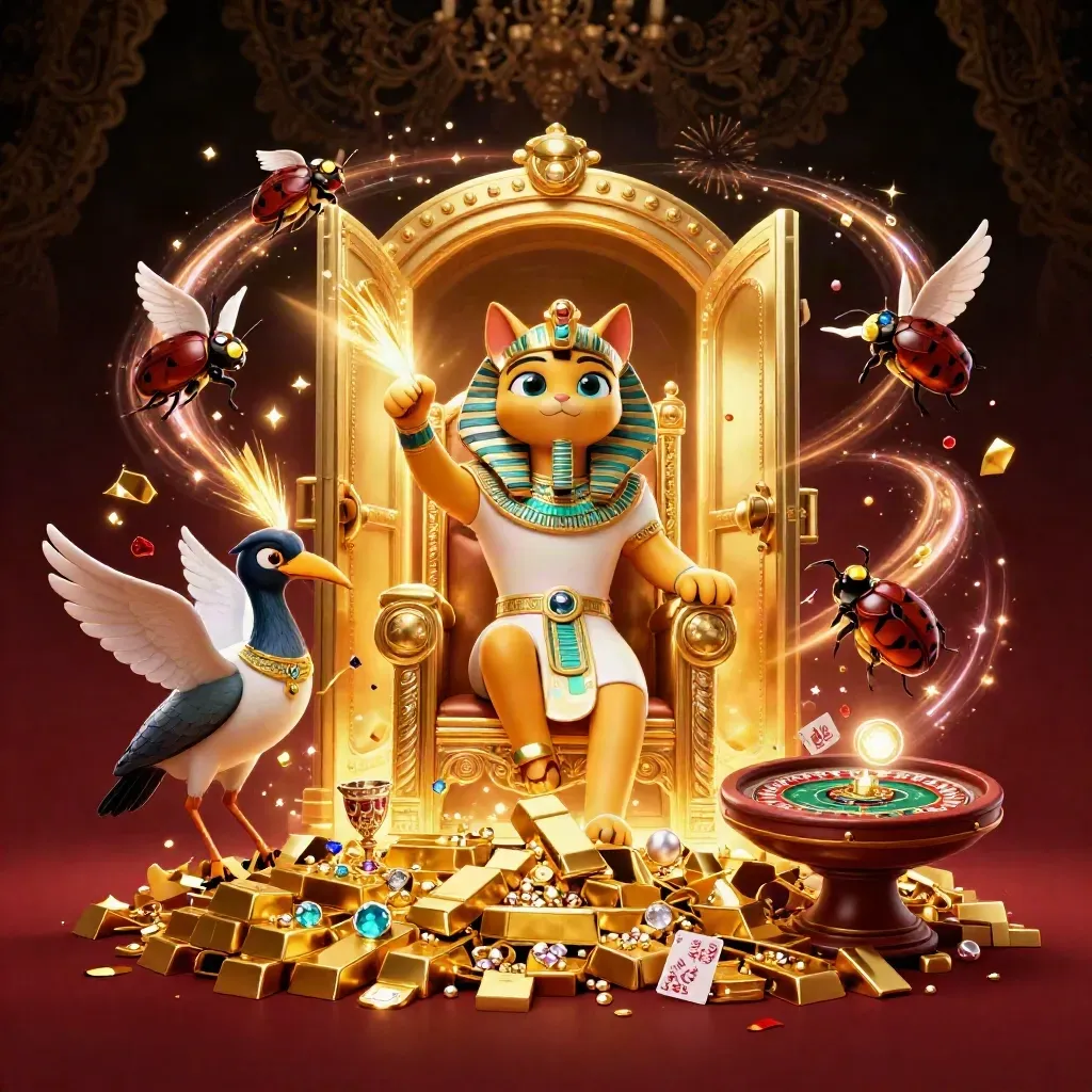 Pharaoh cat, ibis scribe, and gem-wing scarabs amid vault gold, cards, and casino glow.