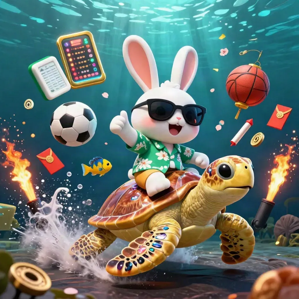 Lucky rabbit rides jeweled turtle with sports balls and casino props in glowing underwater key art