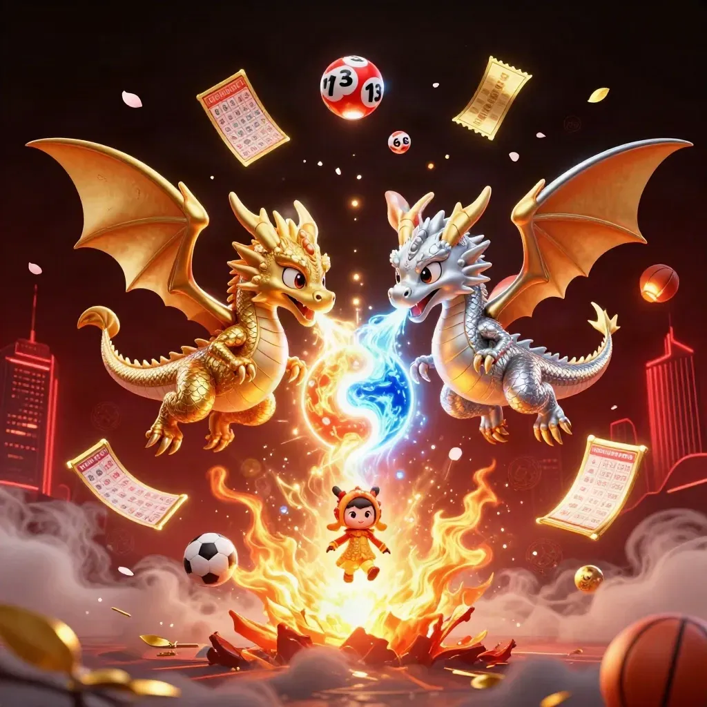 Gold and silver dragons clash in fire and ice amid casino tokens over a dark skyline.