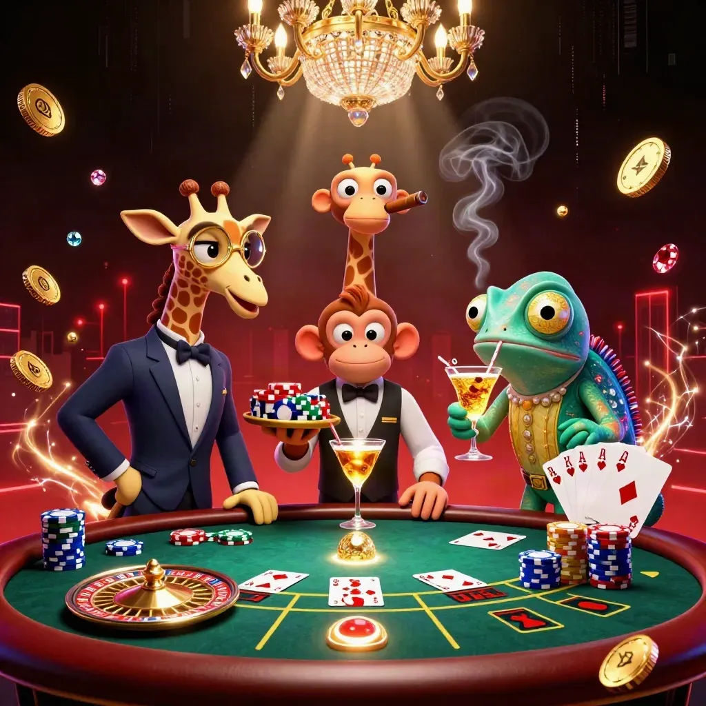 Giraffe, monkey, and chameleon at a luxe casino table with coins, cards, chips, and a spinning wheel.