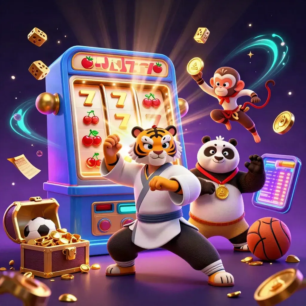 Tiger, panda and monkey amid exploding slot machine, gold, sports balls and neon casino light.