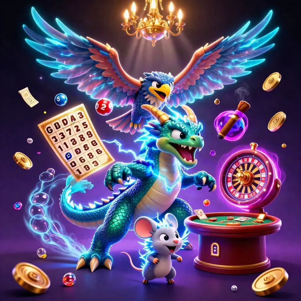 Thunder dragon, hawk, and mouse amid casino magic, coins, wheels, cards, and neon glow.