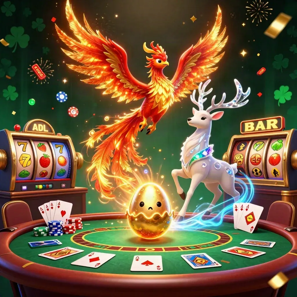 Fire phoenix, baby phoenix, and crystal-antler stag amid chips, cards, reels, and casino sparks