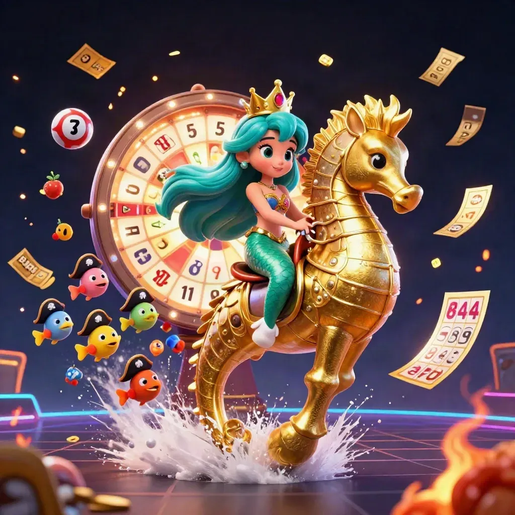 Mermaid princess on golden seahorse amid pirate fish, lottery balls, bingo card, prize wheel, and emerald glow.