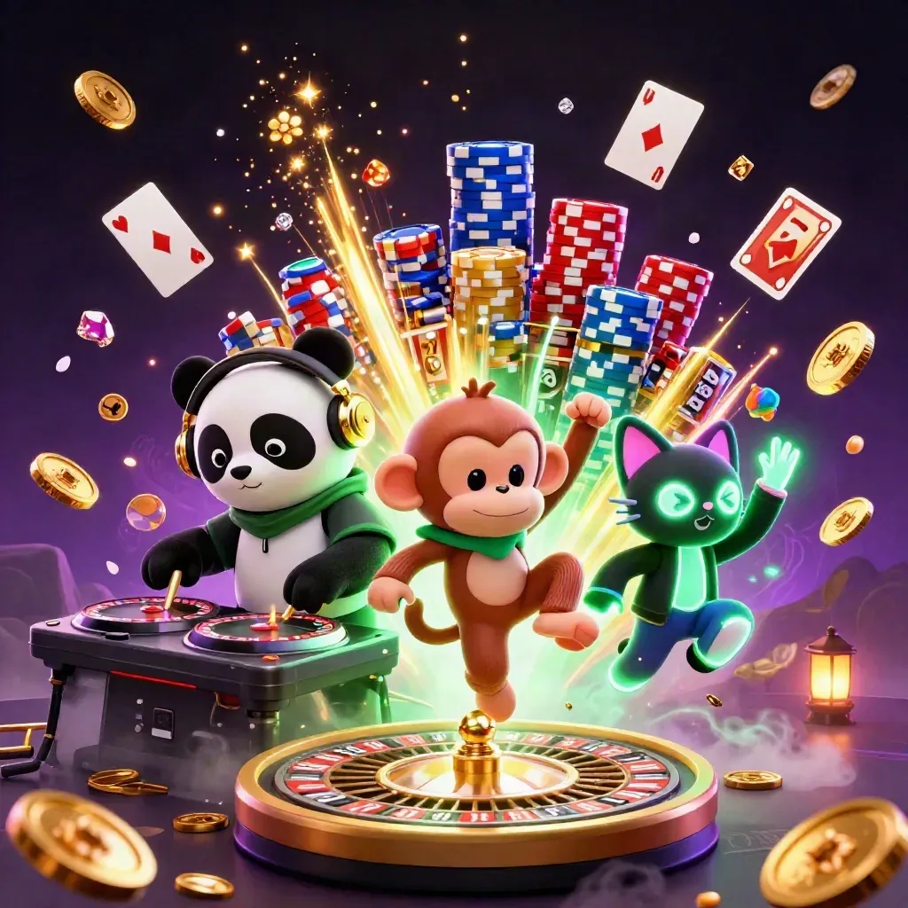 DJ panda, breakdancing monkey, and glow-stick kitten amid casino coins, gems, chips, and neon magic.
