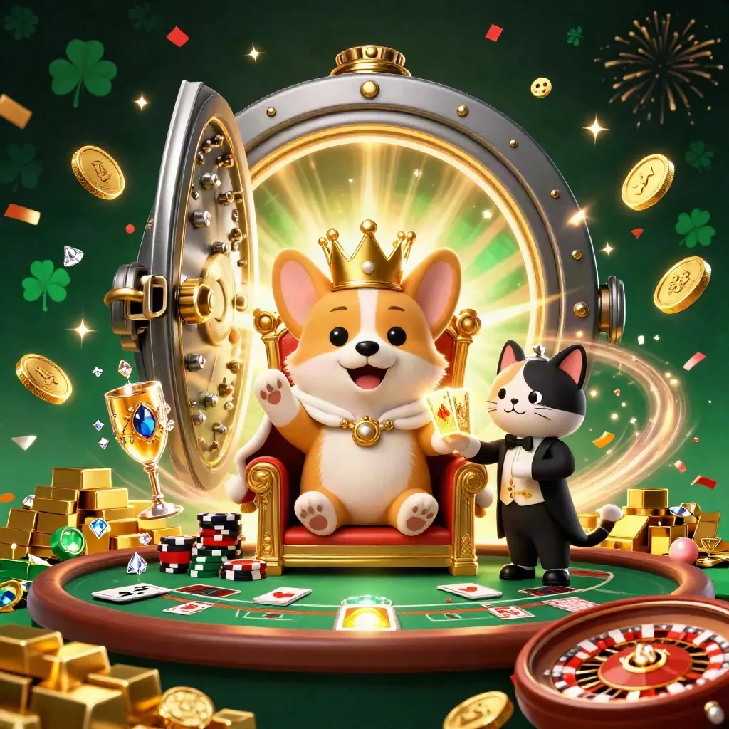 Royal corgi and cat butler amid vault blast, chips, gold, fireworks, and casino treasures.