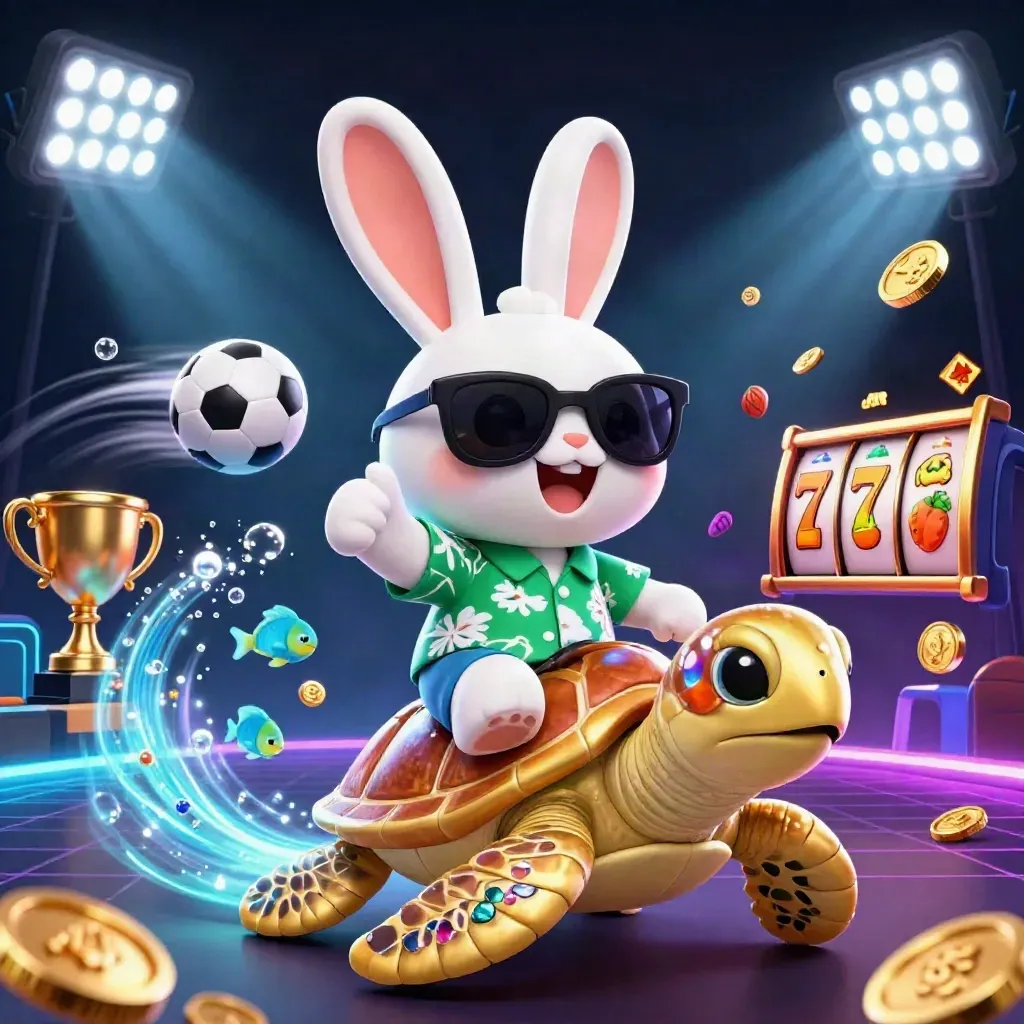 Lucky rabbit rides a gold sea turtle amid coins, balls, reels and neon casino glow.